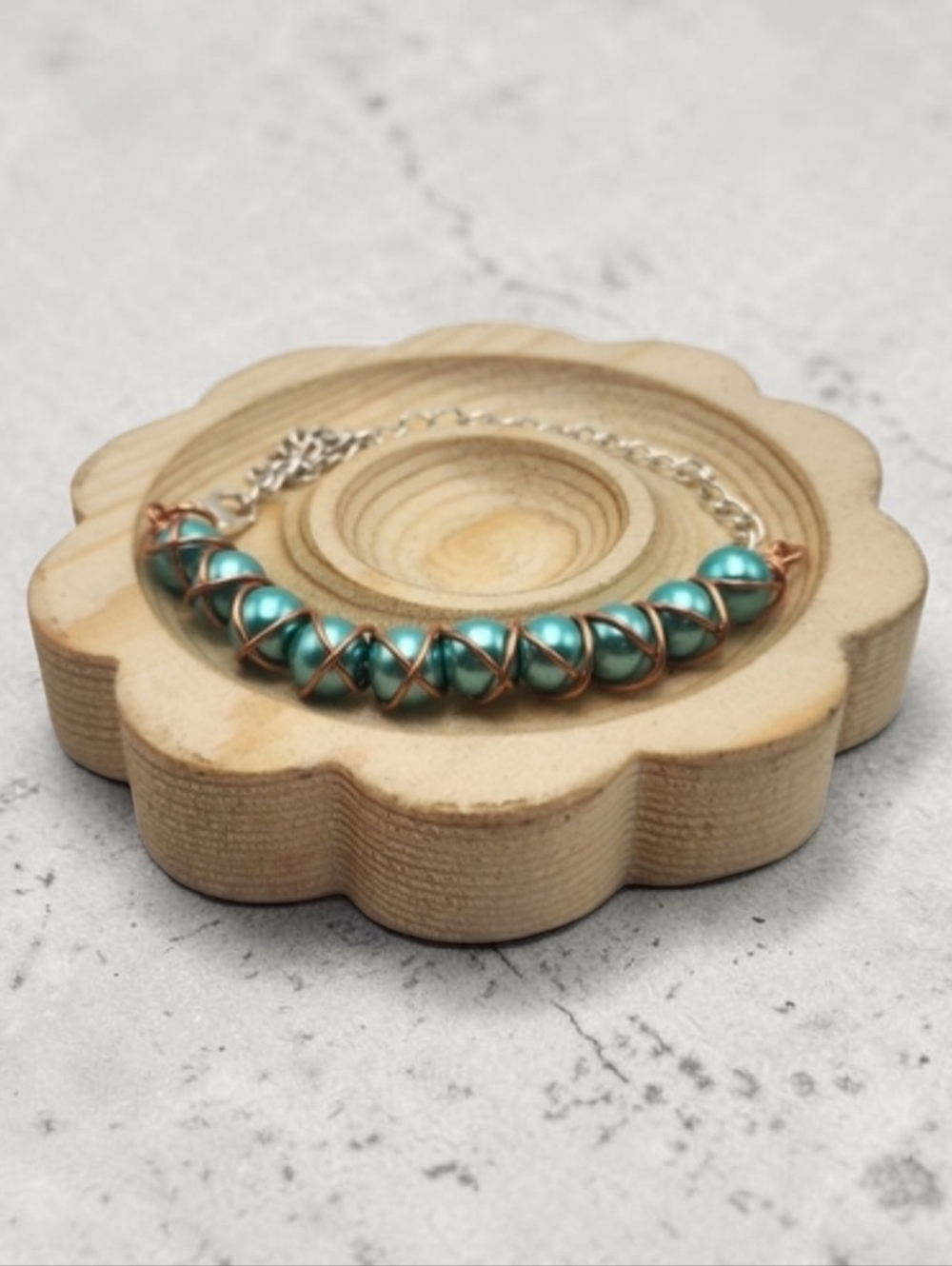 Handmade Wire-Wrapped Teal Pearl Beaded Bracelet – Adjustable Chain Jewelry